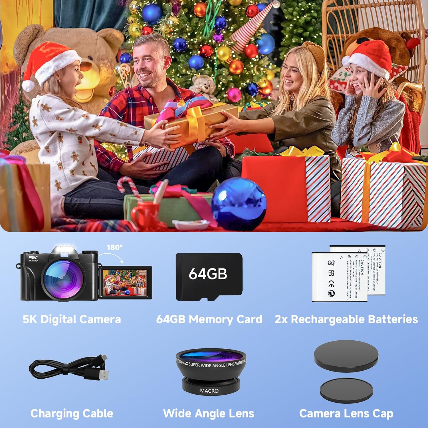 Digital Camera,UHD 75MP 5K Digital Cameras for Photography with WiFi,64GB SD Card Vlogging Travel Camera for YouTube,Featuring 3" 180°Flip Screen,Suitable for Beginners and Teens,Black