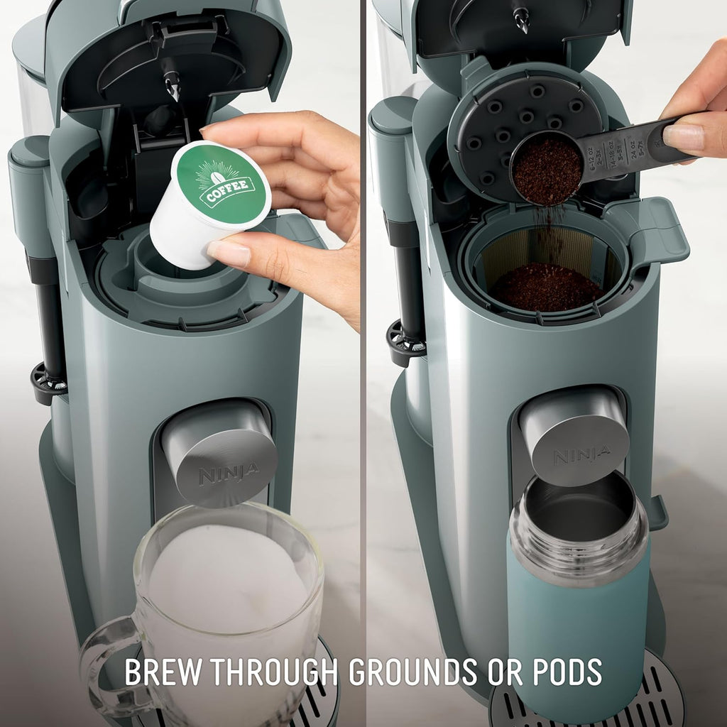 Ninja Pods & Grounds Specialty Single-Serve Coffee Maker, K-Cup Pod Compatible, Built-In Milk Frother, 6-oz. Cup to 24-oz. Travel Mug Sizes, Iced Coffee Maker, 1550 watts, Sage Green, PB051SG
