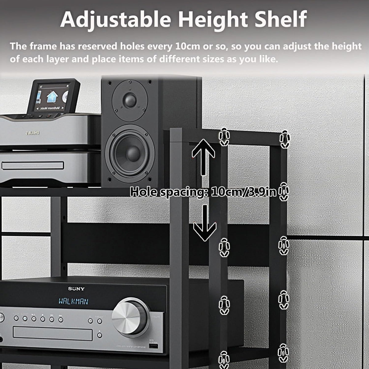 5-Tier AV Media Stand with Wheels, Audio-Video Shelving Adjustable, Modern Stereo Cabinet Receiver Console Shelf, Audio Component Rack for Home/Office/Theater, Blcak
