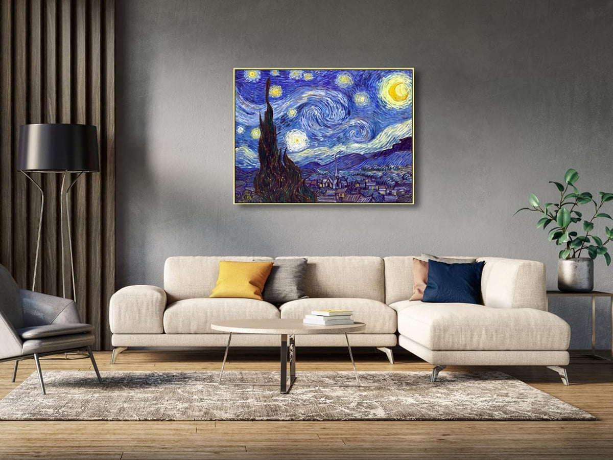 Wieco Art Large Framed Art Giclee Canvas Prints of Starry Night by Vincent Van Gogh Paintings Reproduction Post-Impressionism Artwork for Living Room Home Bedroom Decorations, 40x30inch (Framed)