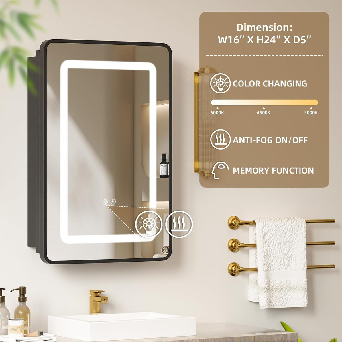 16x24 LED Medicine Cabinet with Mirror, Lighted Mirror Cabinet for Bathroom with Dimmable 3-Color Lights, Anti-Fog with HD Tempered Glass,Recessed or Wall Mount Medicine Cabinet with Lights