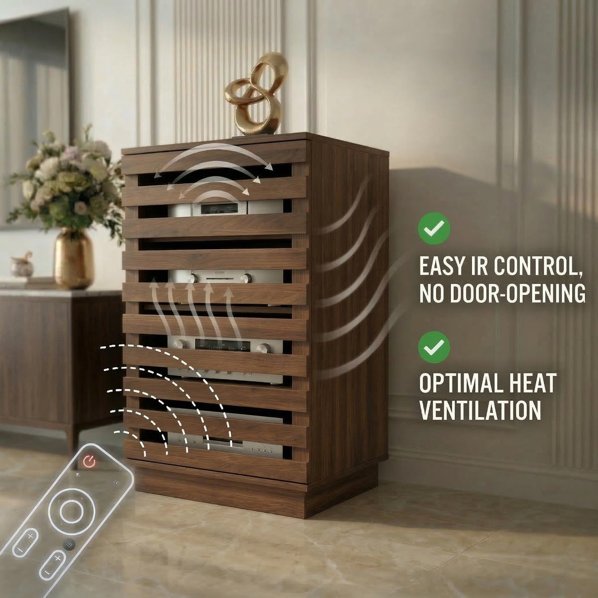holzart Modern Slatted Audio Component Cabinet, 4-Tier Stereo Equipment Rack Media Stand with Ventilated Door & Cable Management, Rustic Brown 35.4" Tall