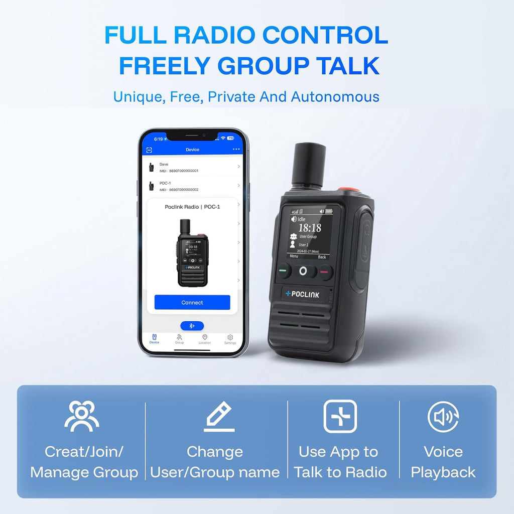 Lifetime Free Global Walkie Talkies Long Range, POC-1 Lite, 4G LTE Unlimited Range POC Two-Way Radios with Bluetooth & APP, 3000mAh Rechargeable Walkie Talkies, Support User Self-Group Creation