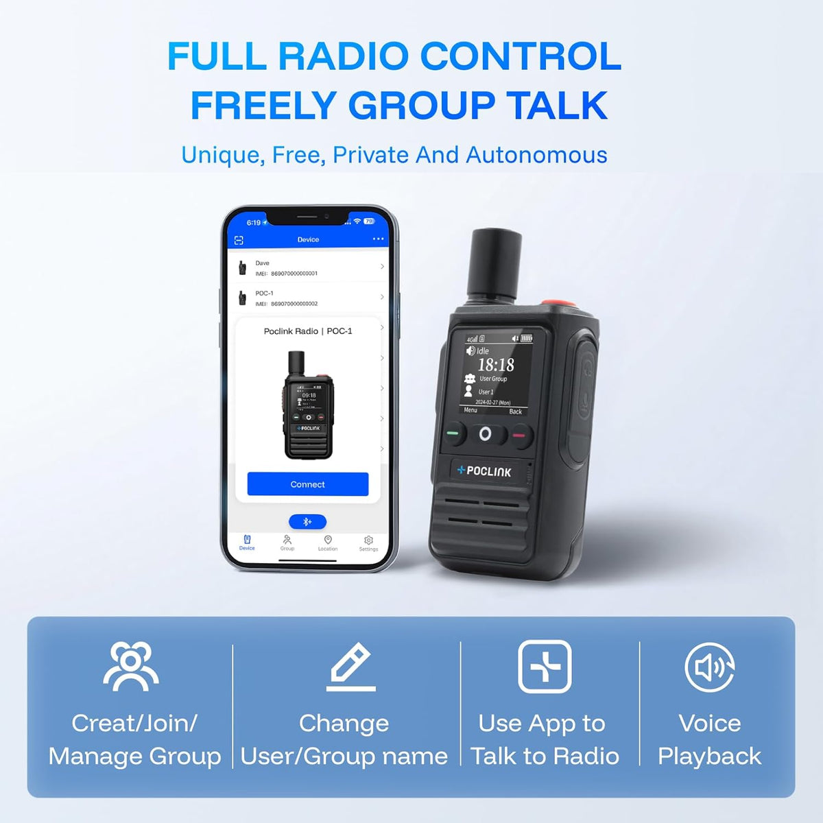 Lifetime Free Global Walkie Talkies Long Range, POC-1 Lite, 4G LTE Unlimited Range POC Two-Way Radios with Bluetooth & APP, 3000mAh Rechargeable Walkie Talkies, Support User Self-Group Creation