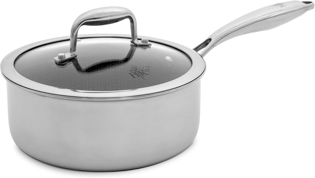 Hell's Kitchen Hybrid 2.5 Qt Saucepan + Lid, Tri-Clad Stainless Steel and Nonstick Ceramic, PFAS Free, no PFOA, no PTFE, no Teflon, Non Toxic Cookware, Metal Utensil Safe, All Cooktops and Oven Safe