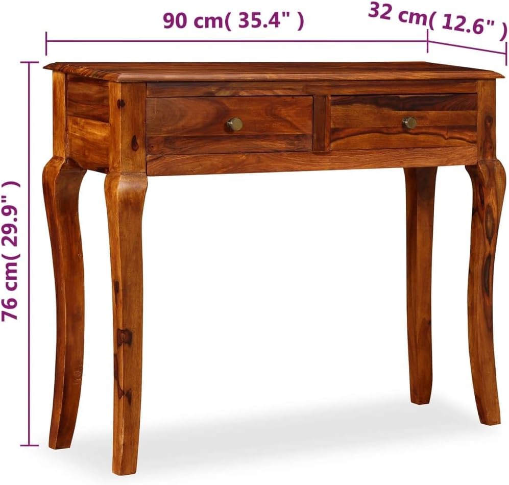 Solid Sheesham Wood Console Table 35.4 inch Entryway Sofa Table with 2 Drawers, Handcrafted Rosewood Hallway Accent Furniture for Living Room Decor