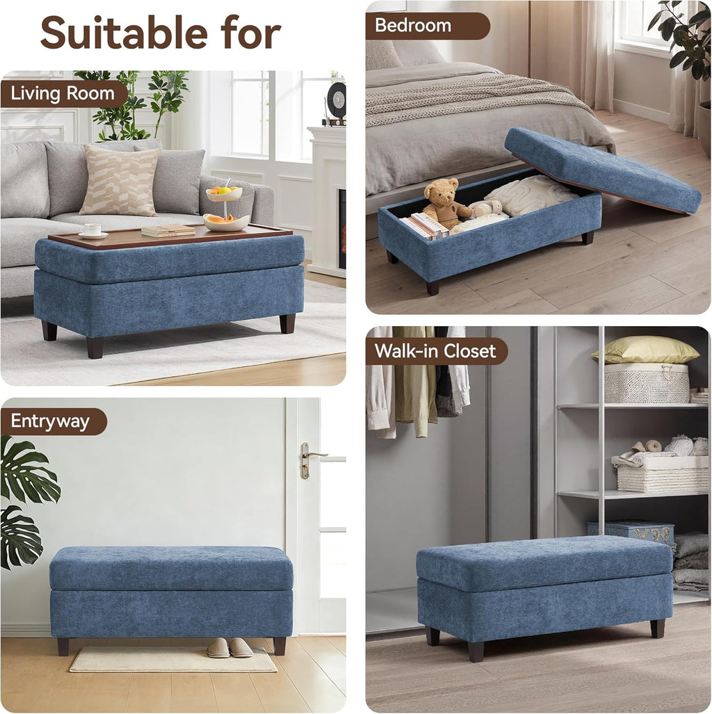 45 Inch Large Storage Ottoman Bench with Wooden Tray Coffee Table, Blue Chenille Upholstered Foot Rest, Multifunctional Foot Stool Ottoman for Living Room, Bedroom & Entryway, Solid Wood Legs