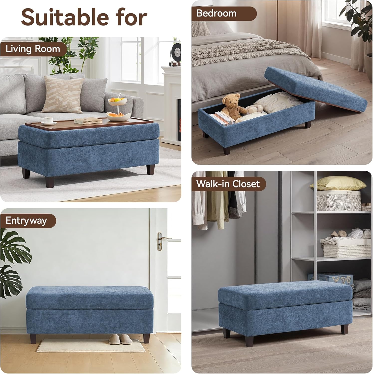 45 Inch Large Storage Ottoman Bench with Wooden Tray Coffee Table, Blue Chenille Upholstered Foot Rest, Multifunctional Foot Stool Ottoman for Living Room, Bedroom & Entryway, Solid Wood Legs