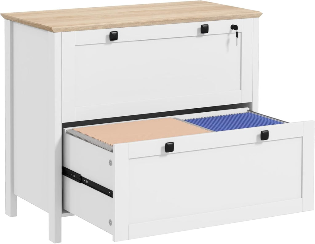 HOMCOM 2 Drawer File Cabinet with Lock, Lateral Filing Cabinet with Keys and Adjustable Hanging Bar for Letter, A4 and Legal Size for Home Office, White