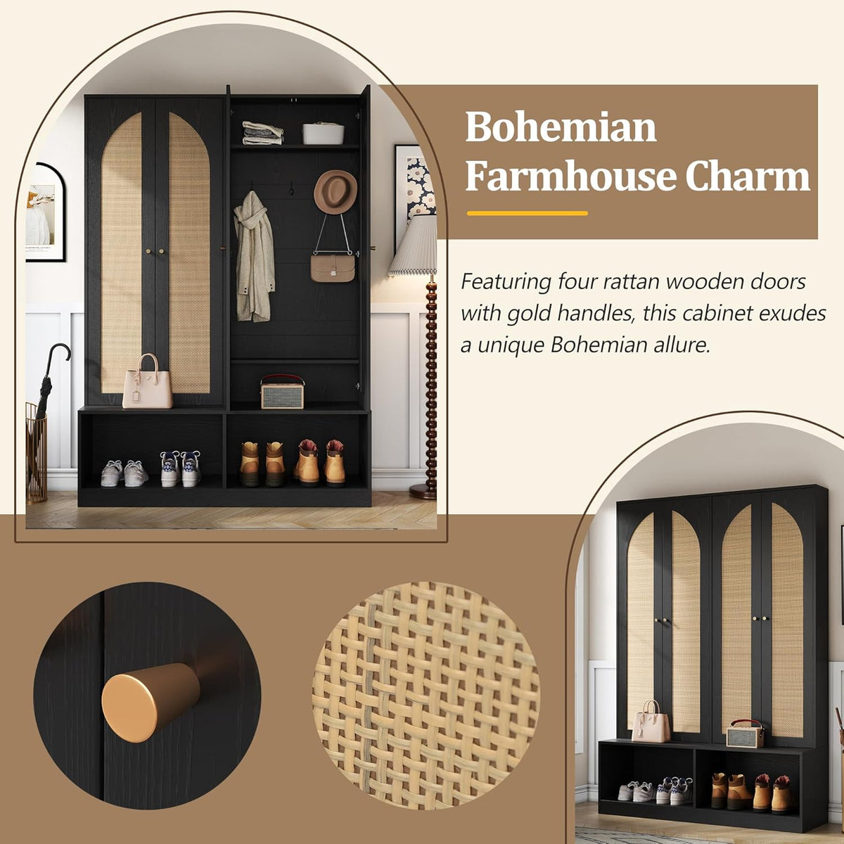 Farmhouse Widen Hall Tree with 4 Rattan Doors, Versatile 4-in-1 Seating Bench with 6 Hooks, Mid-Century Entryway Shoe Cabinet with Adjustable Shelf for Living Room (Black#55)