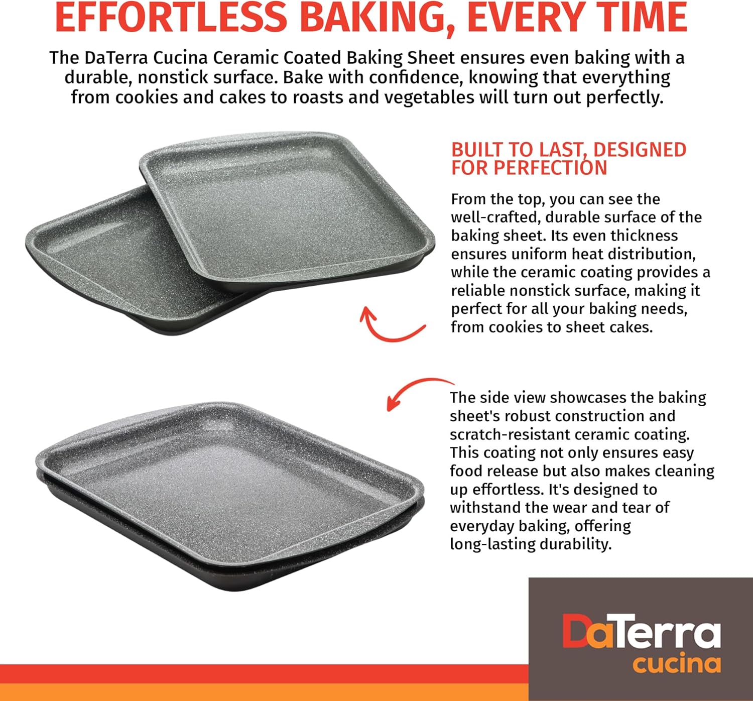 DaTerra Cucina - 16" x 11" x 1" Nonstick Ceramic Coated Baking Sheet Twin Pack – Professional Grade, PTFE, Cadmium, Lead & PFOA Free, Oven Safe, Ideal for Baking, Roasting, and Cooking
