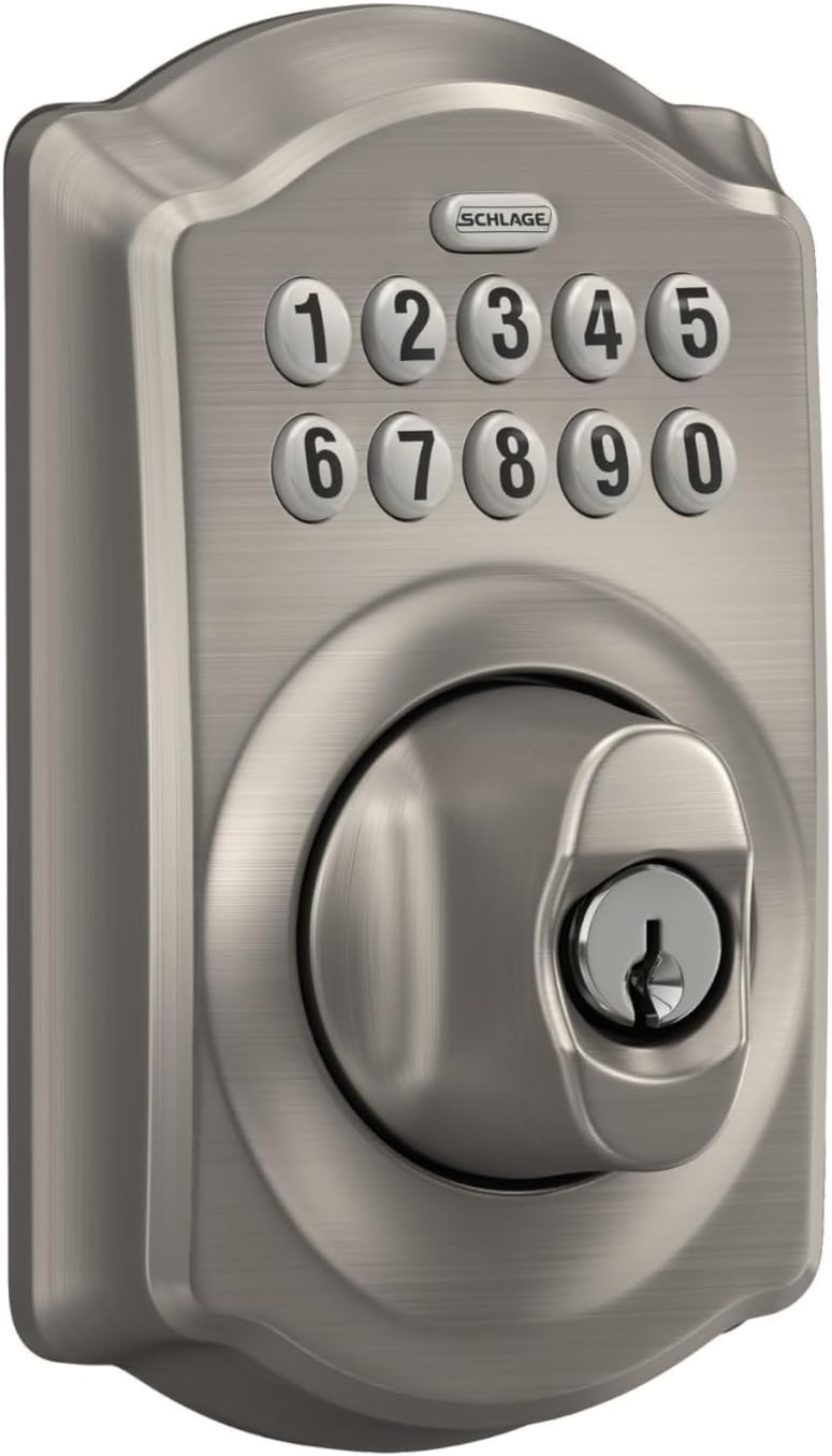 Schlage Camelot Electronic Keypad Deadbolt Lock, Keyless Front Door Entry, Mechanical Key Backup Included, Satin Nickel, BE365 V CAM 619
