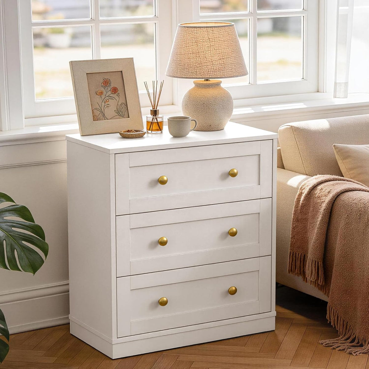 RoyalCraft White Nightstand with 3 Drawers Storage, Large Wood Night Stand for Bedroom, Modern Bedside Table, End Table for Hallway, Closet