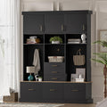 Hall Tree with Storage Bench & Coat Rack 58''W Modern Tall Entryway Oranizer Cabinet with 6 Drawers, 3 Metal Hooks for Living Room Hallway Mudroom, Black