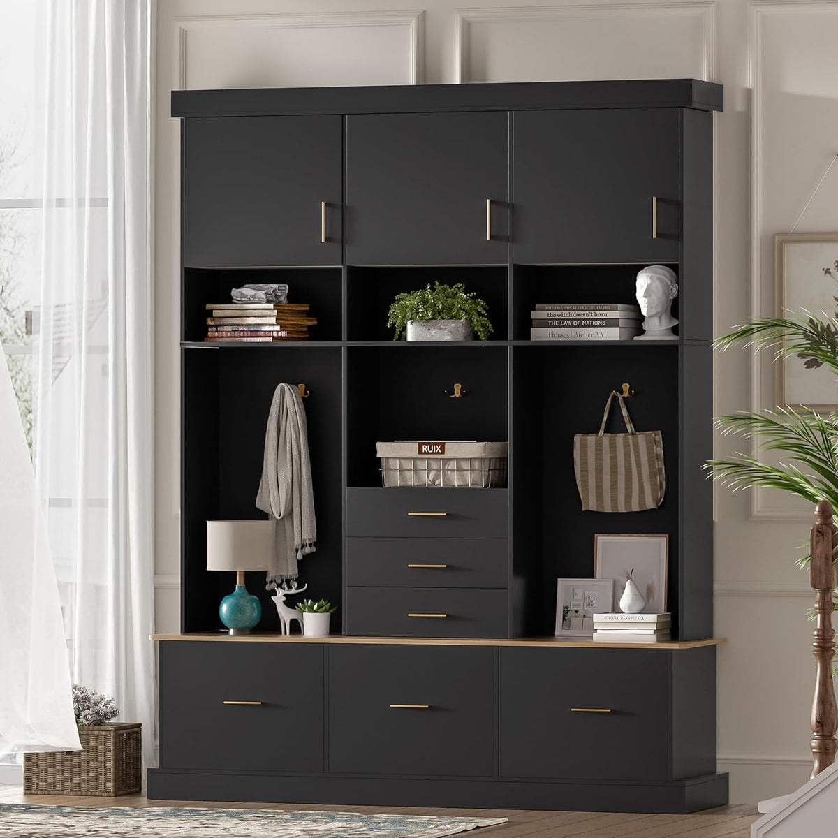 Hall Tree with Storage Bench & Coat Rack 58''W Modern Tall Entryway Oranizer Cabinet with 6 Drawers, 3 Metal Hooks for Living Room Hallway Mudroom, Black