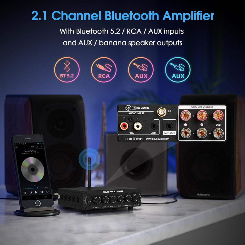 DoukAudio 2.1 Channel Bluetooth Amplifier: 600W Stereo + 300W Subwoofer Output Bass & Treble Control for Home Theater | Dual TPA3255 aptX-HD | Living Room Desktop | Audiophiles Holiday (NS-14G-PRO)