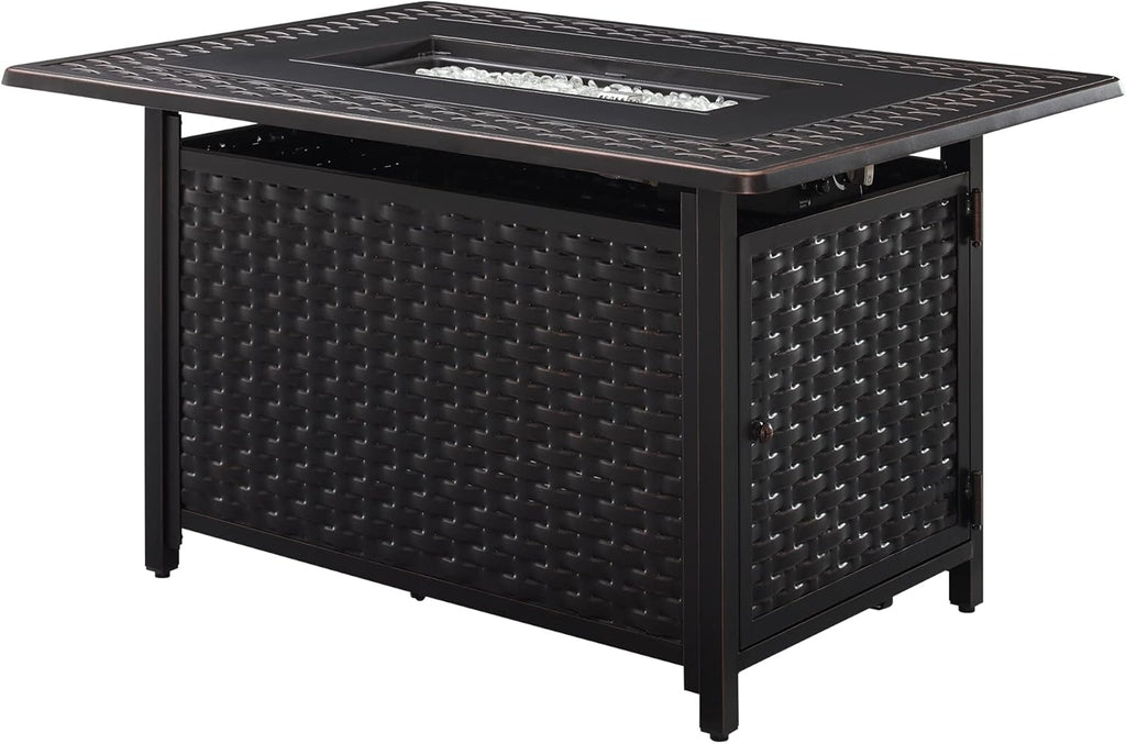 Fire Sense 63699 Albany Woven Aluminum Convertible Gas Fire Pit Table 45,000 BTU Multi-Functional Outdoor Firepit with Fire Bowl Lid Nylon Cover & Clear Fire Glass - Bronze Finish - Rectangular 44"