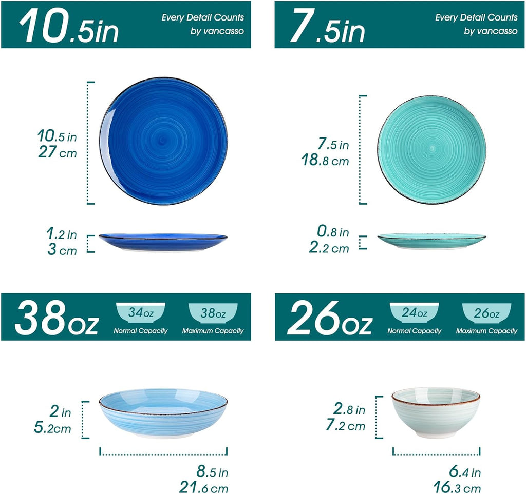 vancasso Bonita Stoneware Dinnerware Sets 24 Pieces Service for 6, Hand-Painted Spiral Dishes Set, Ceramic Kitchen Plates and Bowls Sets-Microwave and Dishwasher Safe (Blue,24 Pcs)