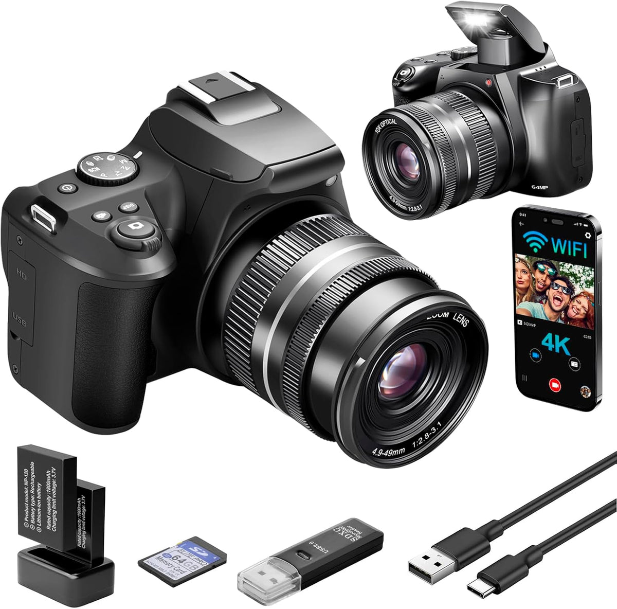 4K Digital Camera for Photography with WiFi, 10X Optical Zoom Vlogging Camera for YouTube 64MP Autofocus Compact Camera with 64GB SD Card 2 Batteries, USB Card Reader & Charging Stand Videorecorders
