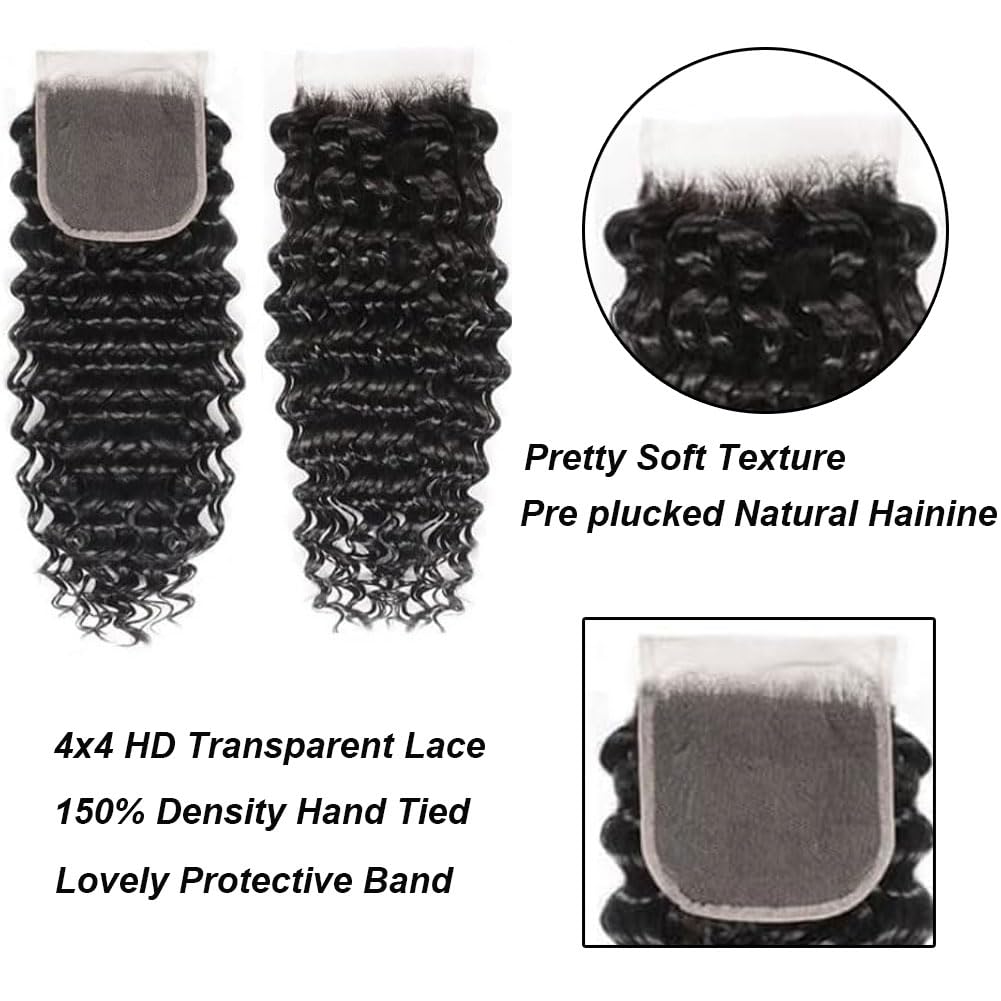 12A Human Hair Bundles with Closure 16 18 20+14 Inch Deep Wave Curly Bundles Human Hair Brazilian Raw Hair Bundles with 4x4 Lace Closure Natural Color