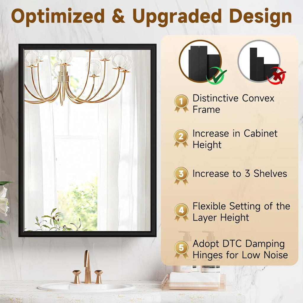 16 x 24 Inch Medicine Cabinet Recessed or Wall Mount Aluminum Bathroom Medicine Cabinet with Mirror and 3 Adjustable Shelves for Bedroom Entryway Dressing Room Apartment and Hotel Black