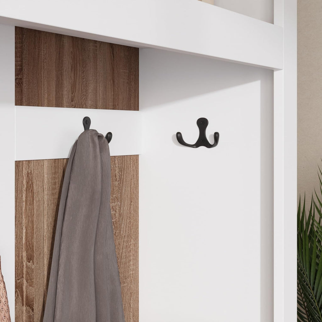 66.9" Tall Hall Tree with Bench and Shoe Storage, Modern Entryway Mudroom Furniture with Coat Rack and 2 Rattan Baskets, White and Oak Home Organizer with 5 Hooks for Foyer