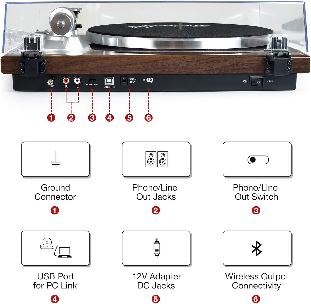 Turntables Belt-Drive Record Player with Wireless Output Connectivity, Vinyl Player Support 33&45 RPM Speed Phono Line USB Digital to PC Recording with Advanced Magnetic Cartridge&Counterweight