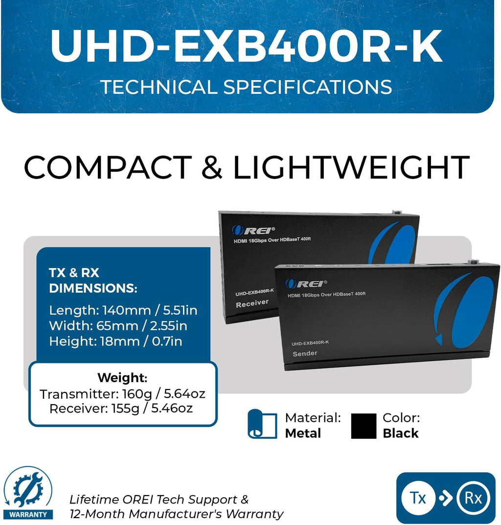 OREI 4K HDMI over Ethernet Extender Balun - HDBaseT UltraHD 4K @ 60Hz 4:4:4 CAT5e/6/7 Cable with HDR, CEC & IR Control, RS-232 Up to 400 Ft Loop Out POC Audio Out (UHD-EXB400R-K)