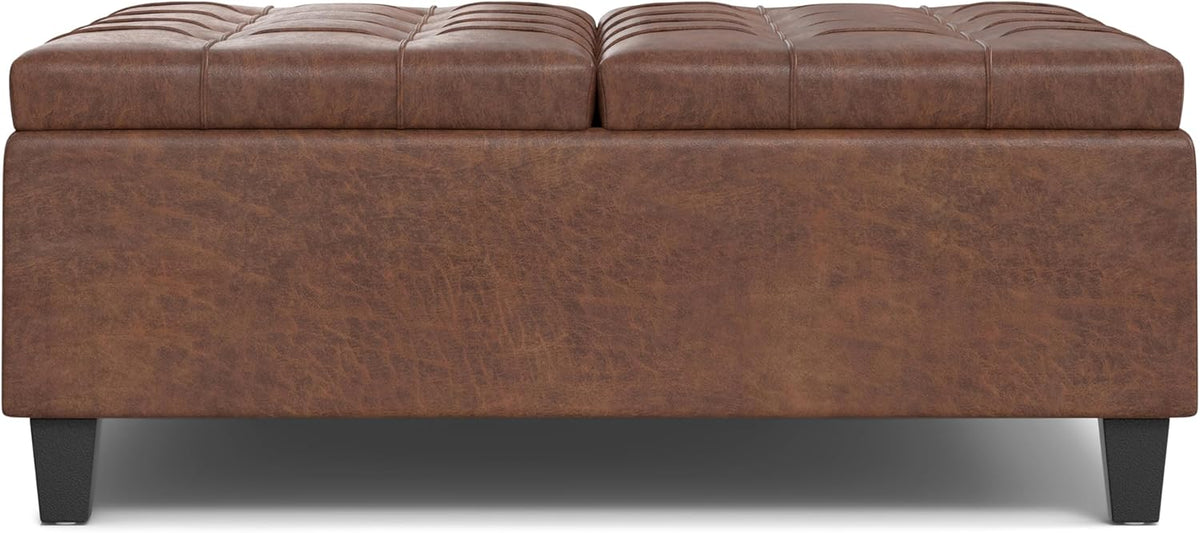 SIMPLIHOME Harrison Large Coffee Table Storage Ottoman - 40 inch Wide Upholstered Vegan Leather Square Lift-Top Ottoman in Distressed Saddle Brown, Transitional Bench for Living Room with Sturdy Base