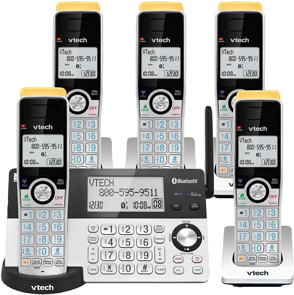 VTech Super Long Range 5 Handset DECT 6.0 Cordless Phone for Home with Answering Machine, 2300 ft Range, Call Blocking, Bluetooth, Headset Jack, Power Backup, Intercom, Expandable to 12 HS