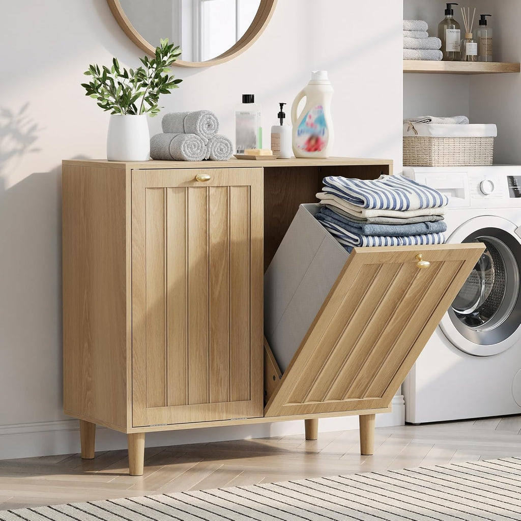 Double Tilt Out Laundry Cabinet,Natural Oak Fluted Finish, Smooth Tilt-Out Hidden Storage, Multi-Functional Organizer for Laundry Room Bathroom Kitchen Utility Space