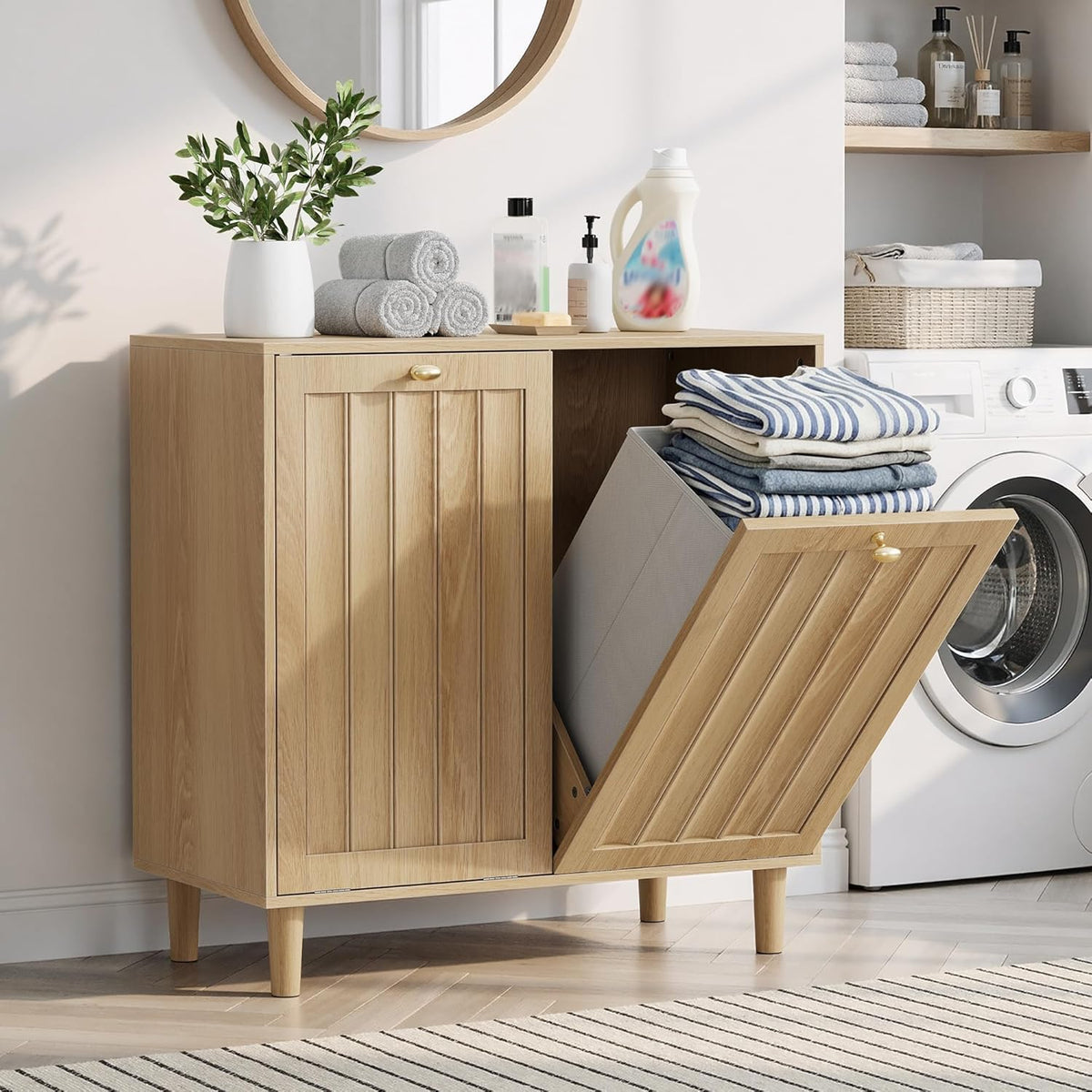Double Tilt Out Laundry Cabinet,Natural Oak Fluted Finish, Smooth Tilt-Out Hidden Storage, Multi-Functional Organizer for Laundry Room Bathroom Kitchen Utility Space