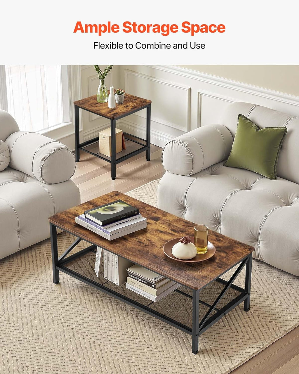 VEVOR 3 Pieces Living Room Table Sets, 41.3 in Industrial Coffee Table with 2 Square End Side Tables, Easy Assembly Coffee and End Tables Sets with Metal Legs, for Office, Living Room & Apartment