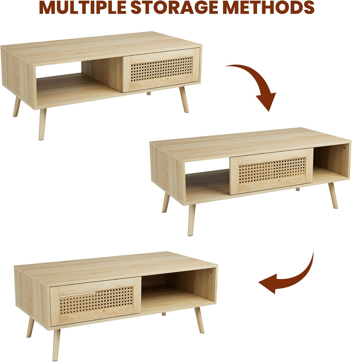 IDEALHOUSE Living Room Table Sets of 2, Includes 47" Rattan TV Stand Storage Cabinet for 55" TV, Farmhouse Coffee Table with Storage Shelf for Bedroom