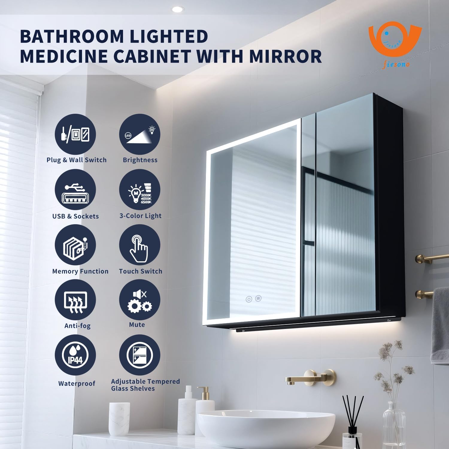 Lighted Medicine Cabinet with Mirror, 30 x 28 inch LED Bathroom Mirror Cabinet with Anti-Fog, Dimmable 3 Colors Front & Bottom Light, Buit-in Sockets & USBs, 2 Shelves, No Assembly Required