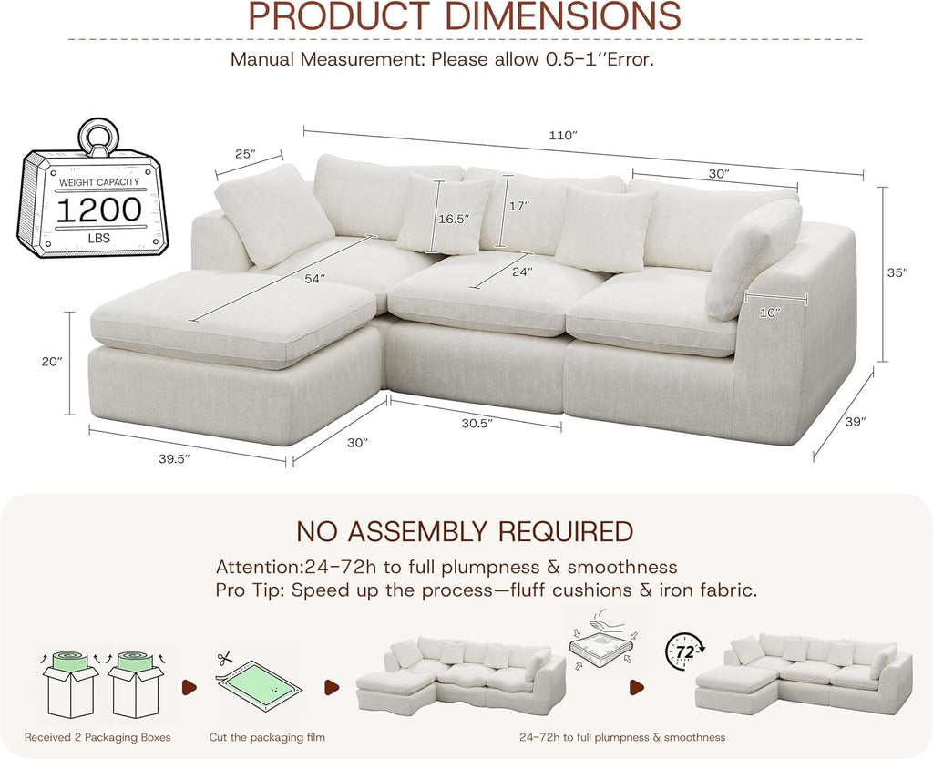 GRUSIGN 110'' Oversized Cloud Sectional Boneless Couch for Living Room, Modern Big Compressed L Shape Couch with Ottoman & 2 Throw Pillows, Chenille Deep Seat Memory Foam Spineless 4 Seater Sofa,Beige