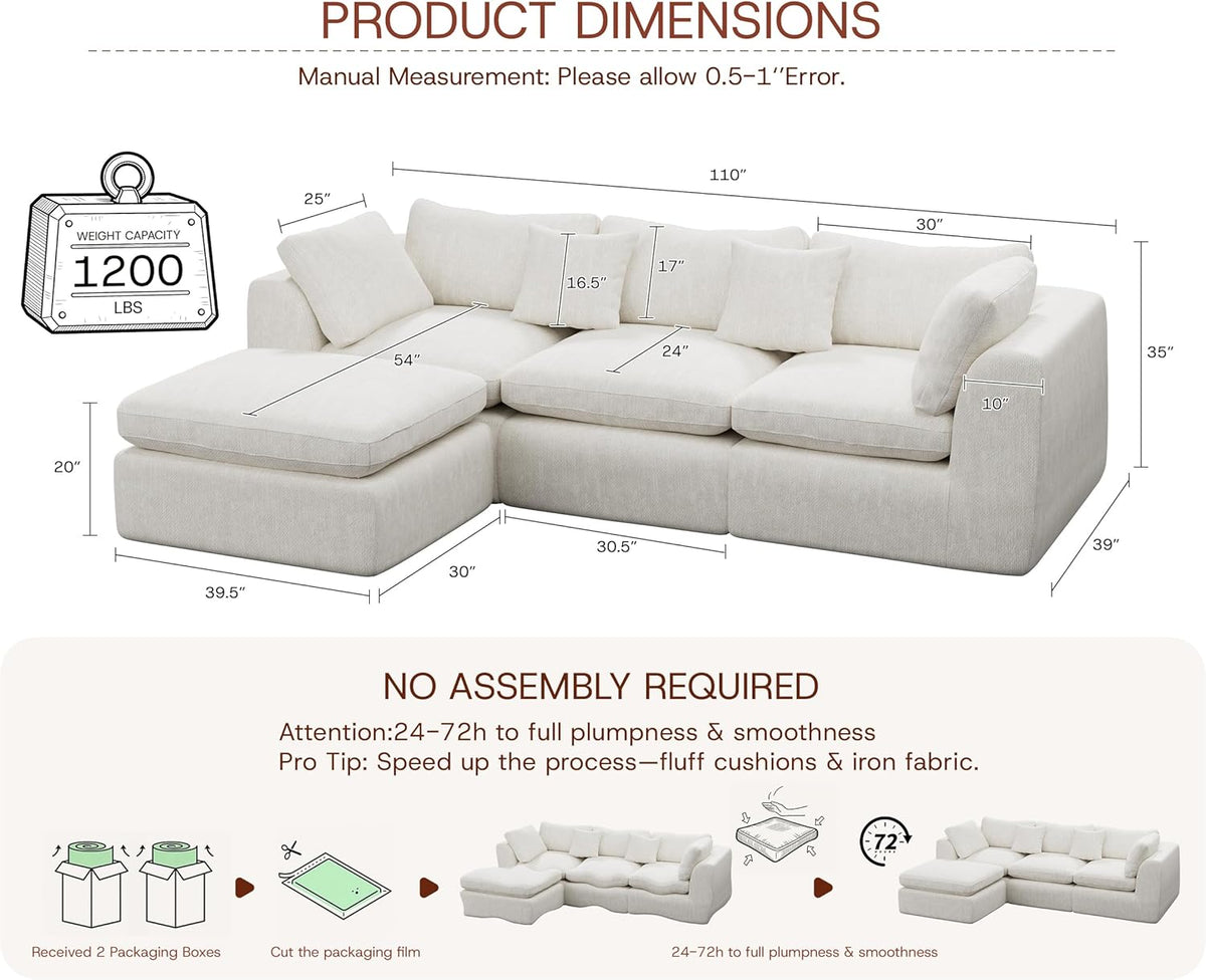 GRUSIGN 110'' Oversized Cloud Sectional Boneless Couch for Living Room, Modern Big Compressed L Shape Couch with Ottoman & 2 Throw Pillows, Chenille Deep Seat Memory Foam Spineless 4 Seater Sofa,Beige