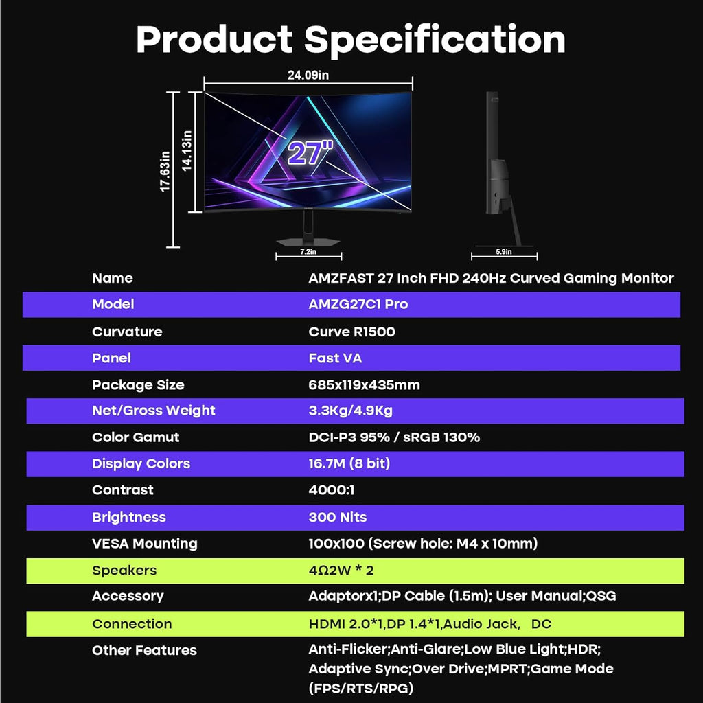 Amzfast 27 inch 240Hz Curved Monitor, FHD 1080p Gaming Monitor, Built-in Speakers, FreeSync, MPRT 1ms, 130% sRGB, 4000:1, 1500R, VESA Mount, HDMI 2.0&DP 1.4, 12 Months Warranty Exchange, AMZG27C1 Pro