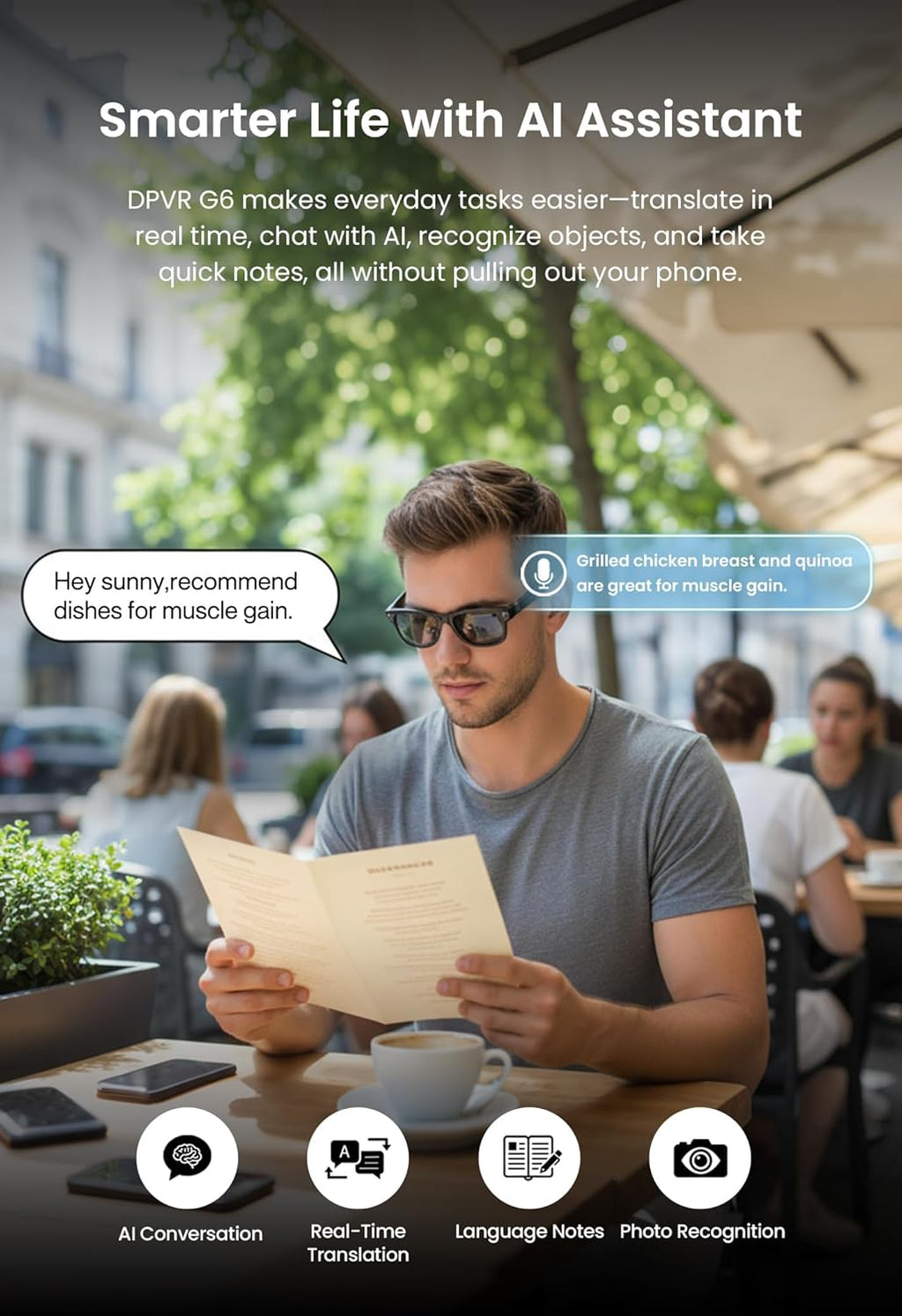 DPVR AI Smart Glasses with Camera and Bluetooth – 8MP HD Sunglasses with Camera, Video Recording Glasses, Real-Time Translation, Voice Assistant, Open-Ear Audio for Travel, Work, Music, and Daily Use