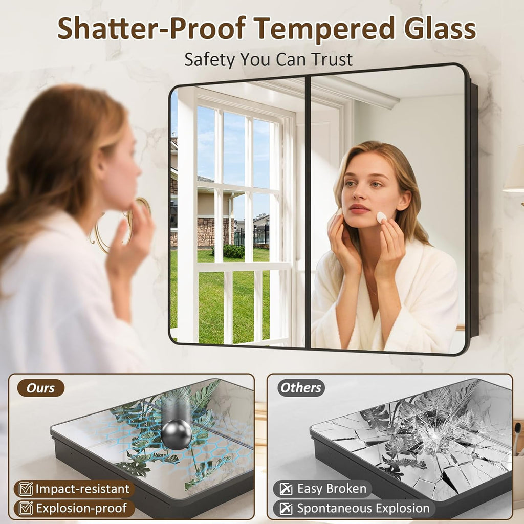 Medicine Cabinet Mirror 30x36 Inch, Double-Sided Bathroom Mirror Cabinet with Adjustable Glass Shelves, 2-Compartment Bathroom Mirror with Storage Recessed or Wall Mount