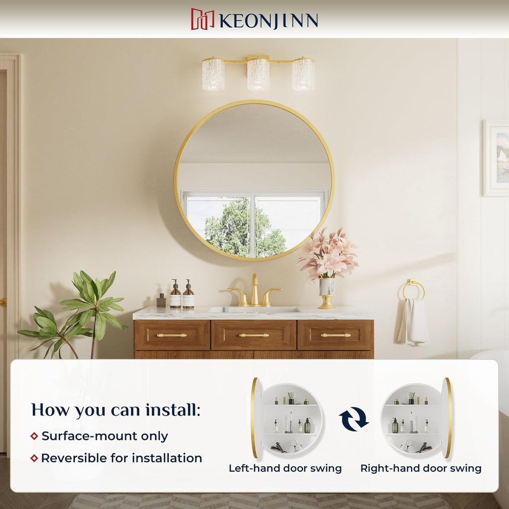 Keonjinn 26 x 26 Round Medicine Cabinets for Bathroom, Gold Surface Mount Metal Framed Medicine Cabinet with Mirror, Modern Medicine Cabinet Wall Mount Only, Farmhouse Mirrored Cabinet with Storage