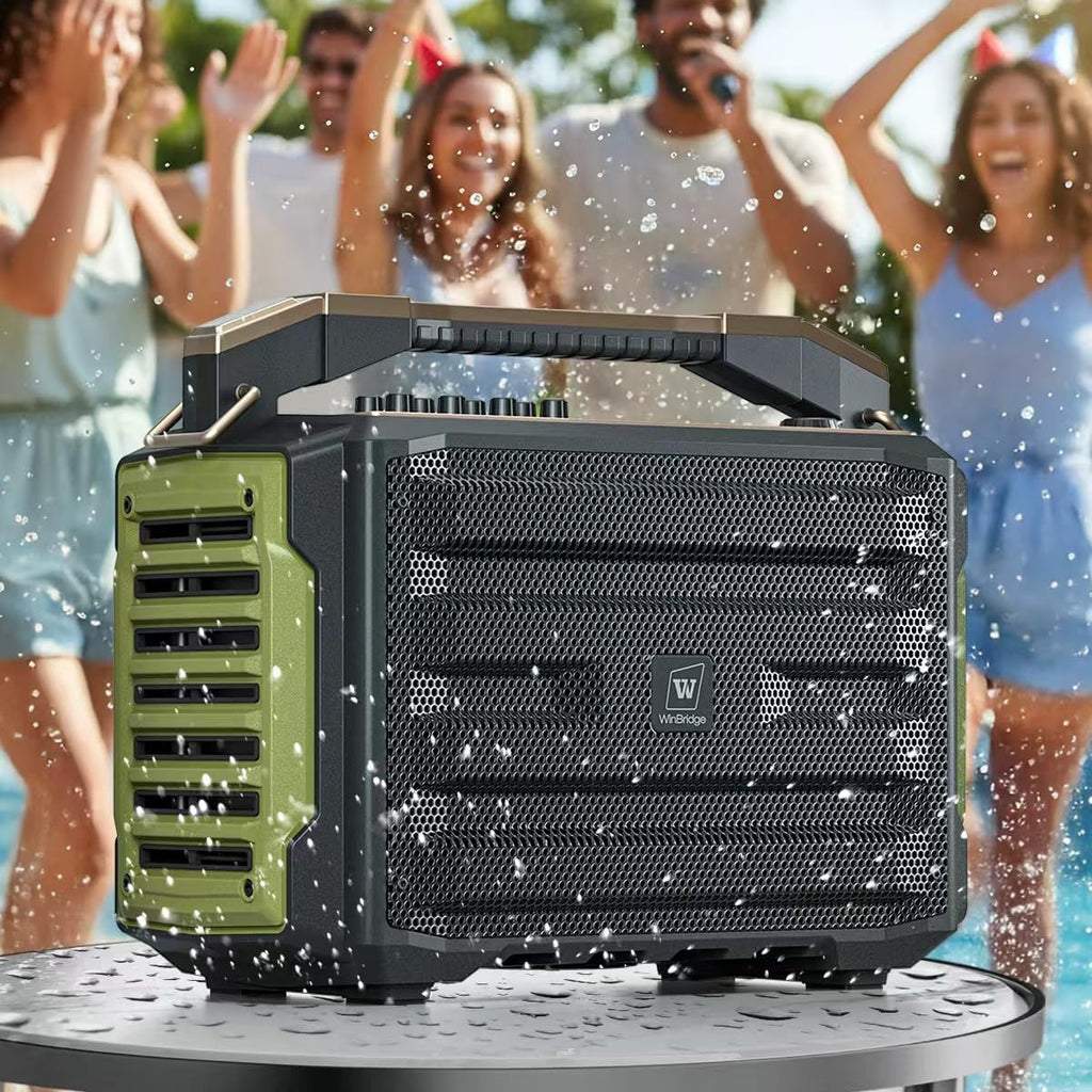 WinBridge 200W Portable PA System with 2 Wireless Mics, IPX4 Waterproof Bluetooth Speaker, Rechargeable All-in-One Karaoke Machine for Outdoor Parties, Weddings, School Events and Public Speaking