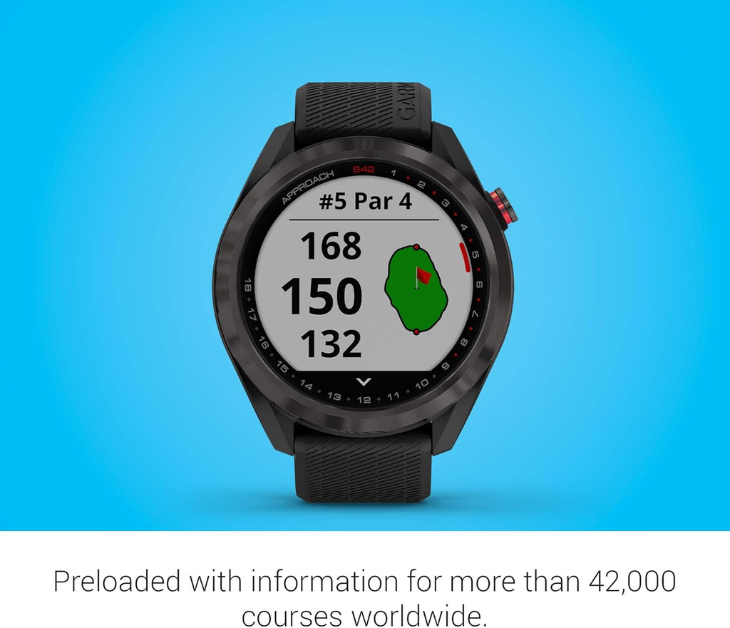 Garmin Approach S42, GPS Golf Smartwatch, Lightweight with 1.2" Touchscreen, 42k+ Preloaded Courses, Gunmetal Ceramic Bezel and Black Silicone Band, 010-02572-10