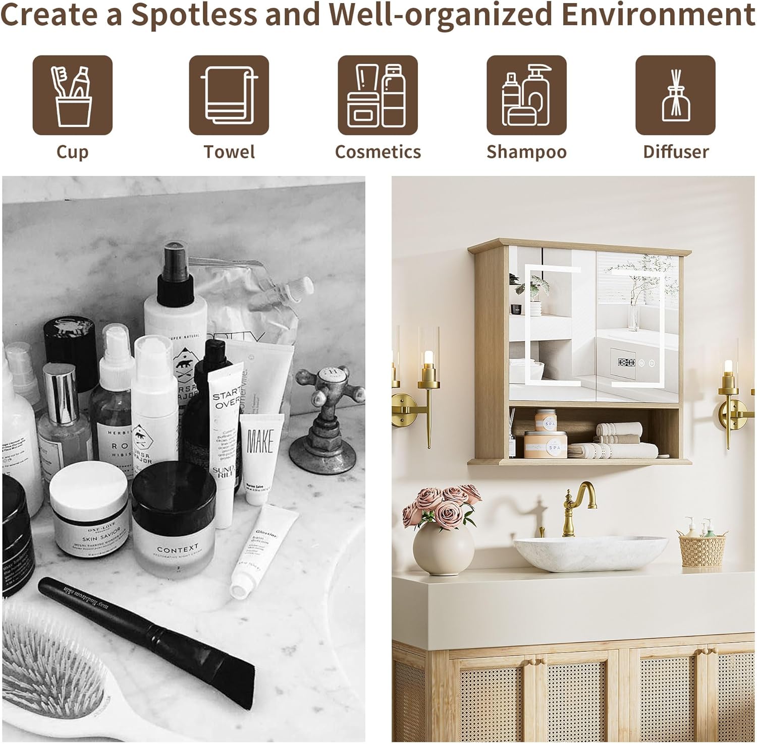 Bathroom Medicine Cabinet with Mirror, Lighted Storage Cabinet Wall Mounted with Doors & Adjustable Wood Shelf, Modern Bathroom Mirror with LED Lights Defogger for Makeup Laundry/Living Room, Oak