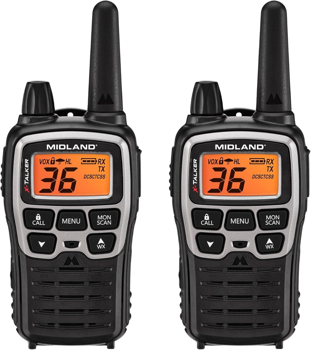 Midland T77VP5 X-TALKER Long Range Walkie-Talkie FRS Two-Way Radio for Camping Overlanding NOAA Weather Scan + Alert, 121 Privacy Codes - Includes Carrying Case & Headset Black/Silver, 2 Radio Bundle