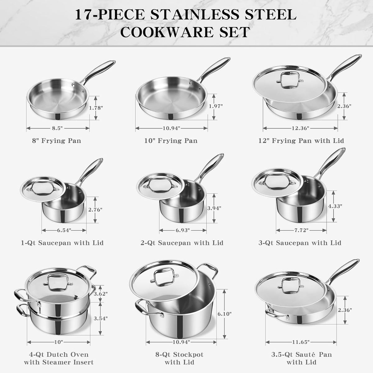 EWFEN Stainless Steel Cookware Set, 3 Ply 17 Piece Stainless Steel Pot and Pan Set, Oven Dishwasher Safe | Induction Compatible Frying Pans, Saucepans, Saute Pan & Stock Pot, PFOA, PTFE & PFOS Free