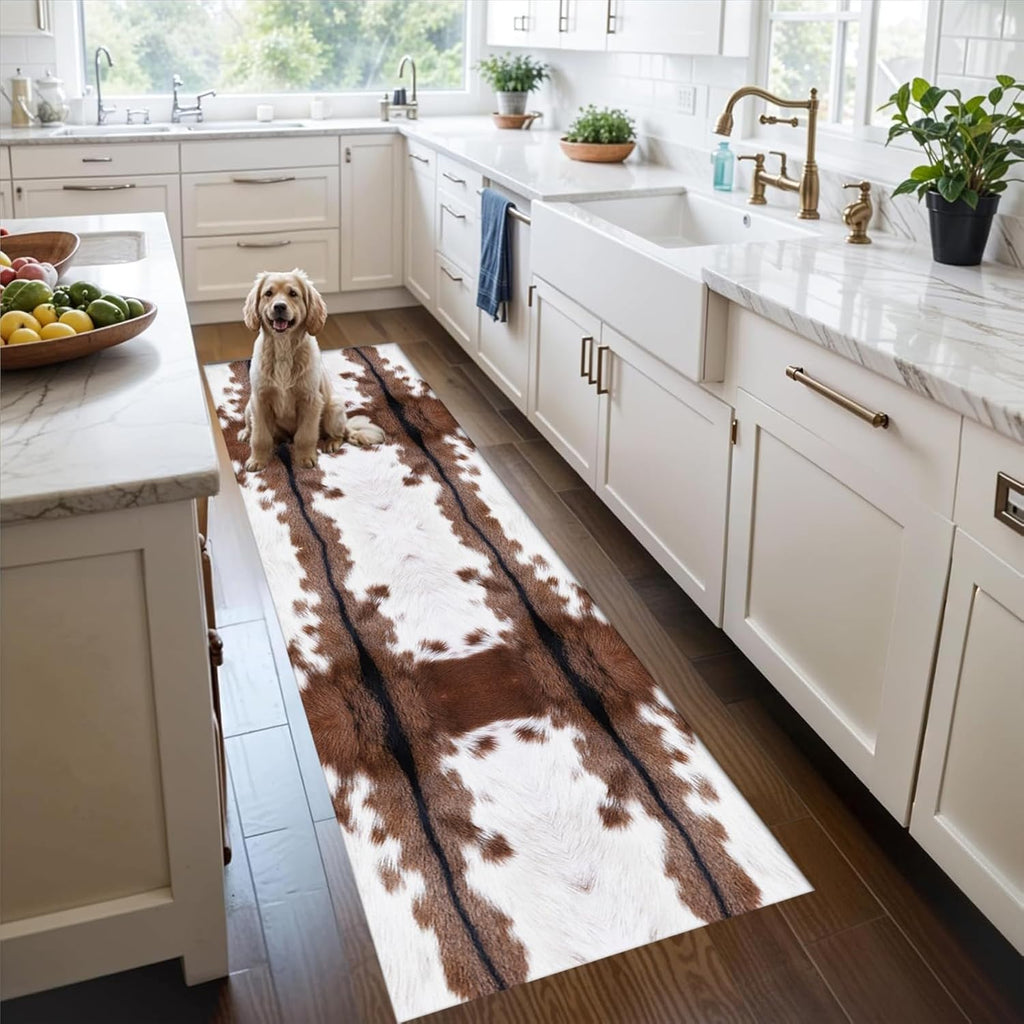 4x12ft Cow Hide Long Runner Rugs,Black White Brown Cow Print Washable Rug Low Pile No Shedding Hallway Runners Western Decor Indoor Mats for Entryway Laundry Room