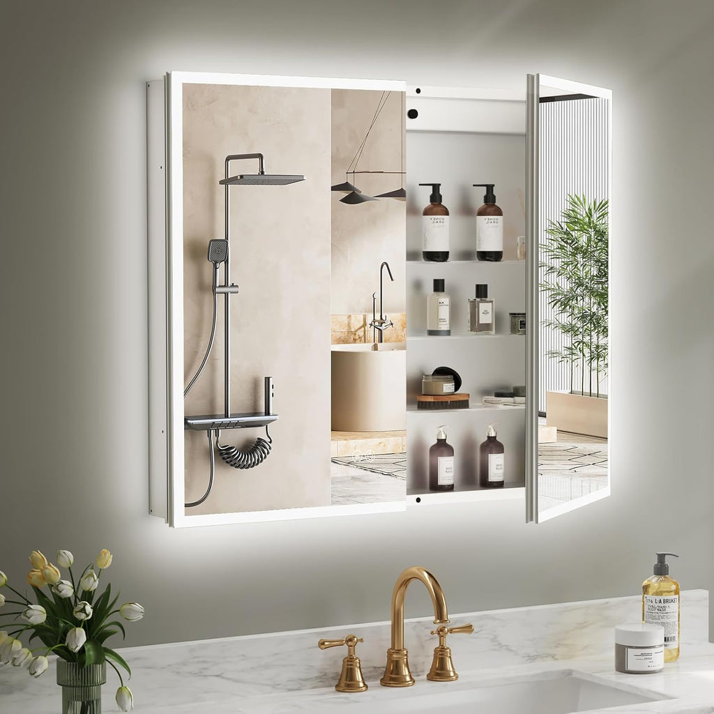 LED Medicine Cabinet Mirror 30x36 IN, Lighted Medicine Cabinet with 3-Colors Dimmable Light, Defog, Medicine Cabinet with Light Built-in 2-Compartment, Sensing Light, 2 Outlets, Recessed or Wall Mount