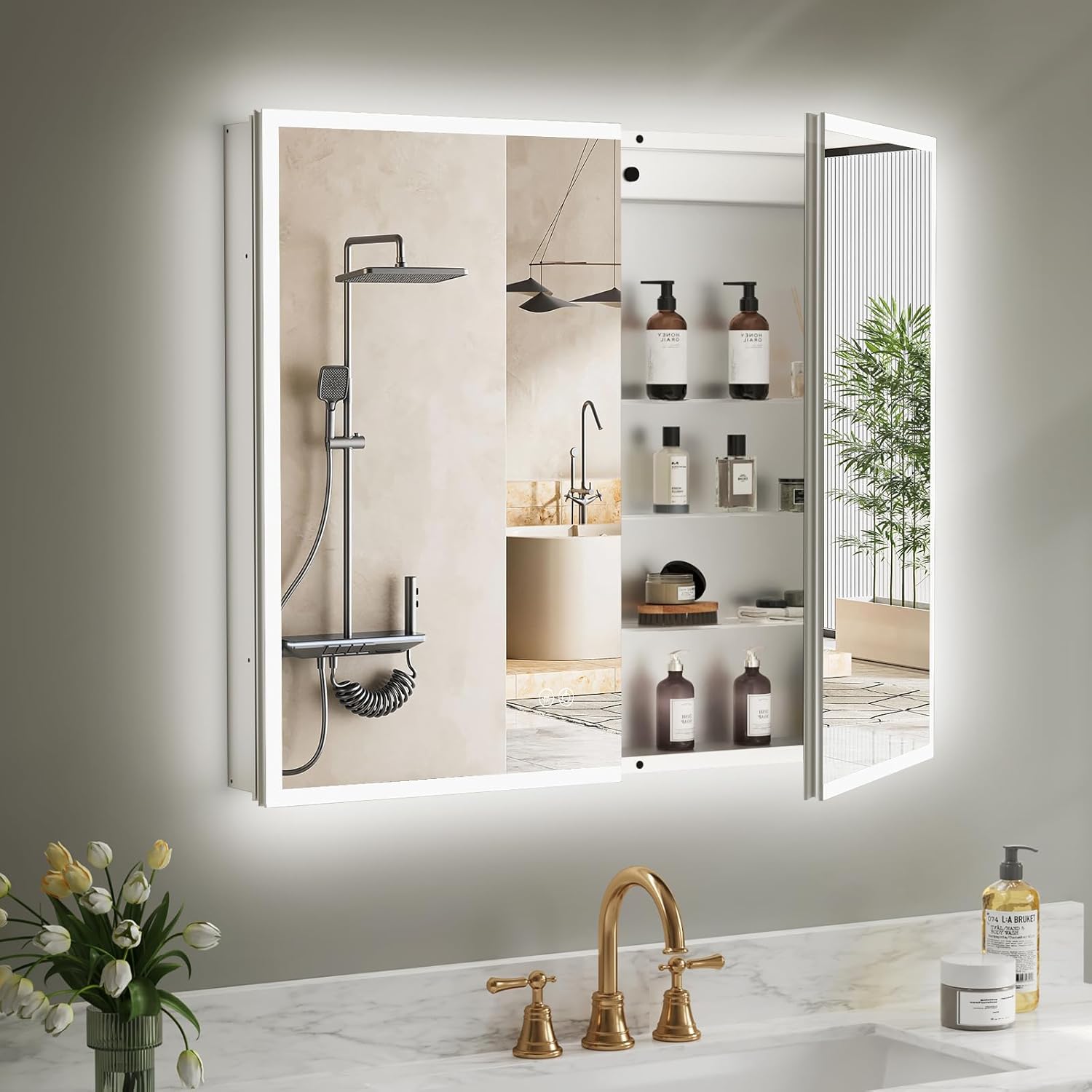 LED Medicine Cabinet Mirror 30x36 IN, Lighted Medicine Cabinet with 3-Colors Dimmable Light, Defog, Medicine Cabinet with Light Built-in 2-Compartment, Sensing Light, 2 Outlets, Recessed or Wall Mount