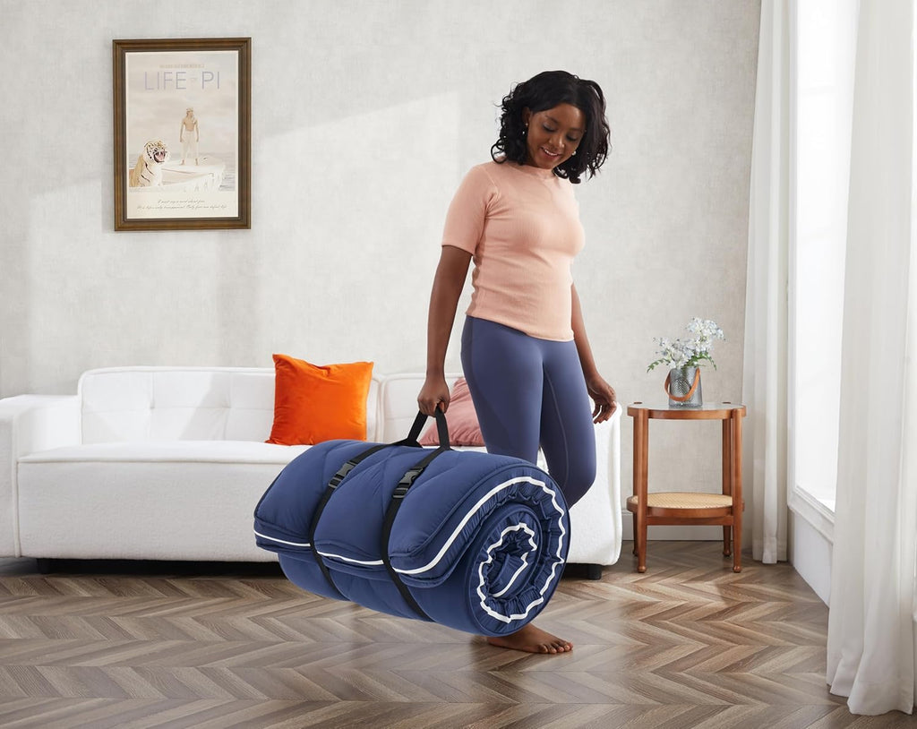 Jamdok 4Inch Floor Mattress,3 Layer Structure Cot Mattress Topper,Gel Memory Foam Futon Mattress,Removable Thickened Cover,Portable Roll Up Sleep Pad (Blue, 72X24)